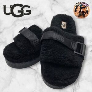 UGG Fluffita Platform Slide Slippers Sandals Black Women's 6 Cozy Shearling Wool